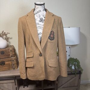 Ralph Lauren Brown Tweed Wool Blazer Jacket RL Crest Houndstooth Sz 14 Rare Find